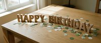 Wooden Happy Birthday letters standing on a light oak table with scattered green and white paper confetti in natural sunlight.