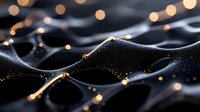 Elegant black waves with golden bokeh lights creating abstract luxury background pattern. Smooth flowing curves with glowing sparkles and water drops.