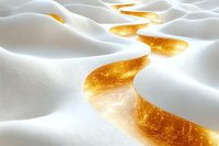 Winding golden path through white snow dunes creates abstract landscape with warm glowing light and dramatic shadows, symbolizing journey and opportunity.