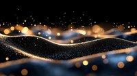 Flowing golden particles and bokeh lights create an abstract wave pattern with warm and cool tones, suitable for backgrounds, presentations, and digital design projects.