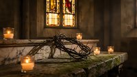 Crown of thorns with burning candles on stone altar in gothic church interior, symbolizing passion and religious devotion.