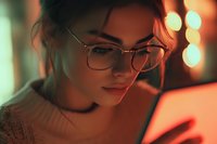 Young Asian woman in glasses illuminated by warm glow from digital tablet screen, creating atmospheric evening mood with bokeh lights in background.