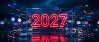 Futuristic neon 2027 number display with glowing red lights and digital network connections on dark technology background for New Year celebration.