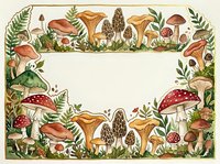Vintage botanical frame with mushrooms and ferns on cream background. Forest fungi border with toadstools, morels and foliage for autumn designs.