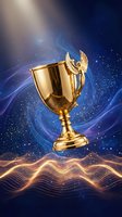 Golden trophy with wings floating in cosmic space with swirling energy waves and starfield background for achievement and victory celebration concepts.