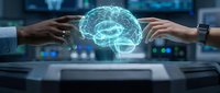 Hands reaching toward glowing digital brain hologram in futuristic laboratory setting with advanced technology interface for AI research and development.