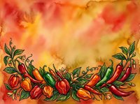 Watercolor painting of red and green chili peppers with leaves arranged in a border on warm orange and yellow gradient background. Suitable for culinary designs.