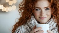 Young redhead woman with curly hair wearing knit scarf holding white mug, smiling warmly with bokeh lights background for cozy winter lifestyle content.