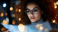 Young African American woman in glasses looking at glowing screen, illuminated by warm bokeh lights against dark background, wearing gray turtleneck sweater.