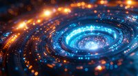 Glowing spiral of blue and orange light particles creating cosmic vortex effect against dark background, abstract digital art composition for technology concepts.