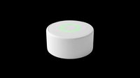 Cylindrical white smart home device with green illuminated top button, isolated on transparent background, ready for t-shirt design, clipart, stickers, and print-on-demand products.
