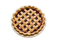 Homemade berry pie with golden lattice crust and crimson fruit filling on white plate, ready for baking or serving in culinary and food photography projects.