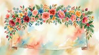 Colorful floral garland arrangement with roses, eucalyptus and mixed blooms cascading over a blank banner on watercolor background for wedding invitations and celebrations.