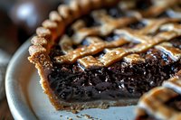 Close up view of rich chocolate pie with caramel drizzle on flaky golden crust, served on white plate. Dark, decadent dessert with gooey filling.