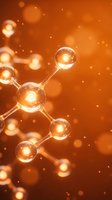 Molecular structure with glowing spheres and connecting bonds on warm orange background with bokeh light effects for scientific research presentations.
