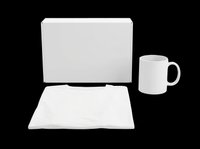 Blank white sublimation set with box, mug, and folded t-shirt isolated on transparent background, ready for mockup, print on demand, and branding design use.