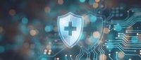 Digital healthcare security shield with medical cross symbol protecting patient data through advanced cybersecurity technology and encryption systems.