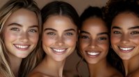 Diverse group of young women with radiant smiles and natural makeup showing different skin tones and ethnicities, representing beauty and inclusivity in modern lifestyle.