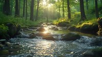 Sunlight streams through green forest canopy illuminating mossy rocks and flowing stream, creating magical morning atmosphere with golden rays and misty air.