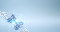 Digital gears and circuit patterns merge with flowing light streams, representing technology innovation, data processing, and digital transformation for tech industry applications.
