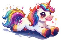 Cute rainbow unicorn with sparkles and colorful mane lying down in kawaii anime style on white background, isolated character for children designs and decorations.