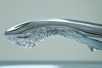 Clear water stream with bubbles flowing in curved motion against neutral background for refreshing beverage and hydration concepts.