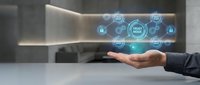 Businessman hand presenting digital network security interface with interconnected icons and padlock symbols representing data protection and cyber safety technology.