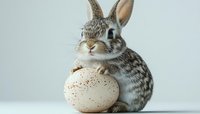 Adorable spotted bunny sitting next to large speckled white egg against light background, Easter holiday concept for seasonal greeting cards and decorations.