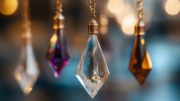 Crystal and colored glass pendants hanging on chains with soft bokeh lights in background, creating magical atmospheric decoration for events and celebrations.