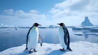 Emperor penguins standing on ice floe in Antarctica, facing each other against backdrop of blue ocean and icebergs under cloudy sky, wildlife scene.