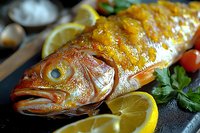 Grilled whole red snapper garnished with fresh lemon slices and herbs on dark plate, close up view showing crispy glazed skin and moist texture of seafood.