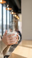 Hands holding steaming hot coffee mug in cozy cafe with warm lighting and blurred background creating peaceful morning atmosphere for relaxation and comfort.