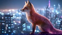 Red fox standing on edge against blurred city nightscape background with magical glowing particles and bokeh lights creating mystical urban wildlife scene.