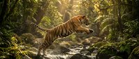 Tiger leaping across a rocky stream in a lush jungle environment with dense green foliage and golden sunlight filtering through the canopy.