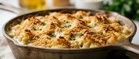 Golden baked cauliflower gratin with crispy breadcrumb topping and melted cheese in rustic cast iron skillet. Comfort food casserole for family dinners and holidays.