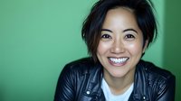 Young Asian woman with bright genuine smile wearing black leather jacket against green background, casual modern portrait showing happiness and confidence.