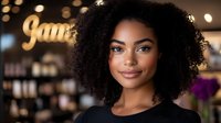 Young African American woman with natural curly afro hair and radiant smile against blurred cafe background with warm bokeh lights and welcoming atmosphere.