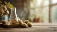Craft beer brewing concept with laboratory flask, hops, and molecular structure overlay on rustic wooden table in warm natural light.
