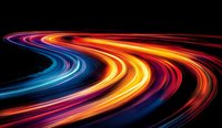 Abstract flowing light trails in vibrant neon colors of blue, orange, yellow and red creating dynamic curved waves against dark background. Suitable for modern design, technology, motion graphics and contemporary digital projects.