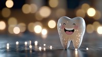 Happy smiling tooth character with kawaii face expression on dark background with golden bokeh lights and reflections, dental care concept for children.