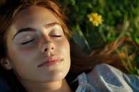 Young Caucasian woman with closed eyes relaxing outdoors in natural sunlight with green foliage background. Peaceful moment of rest and tranquility in nature.