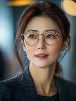 Young Asian businesswoman wearing stylish round glasses and dark blazer smiles confidently against blurred office background with soft bokeh lighting.