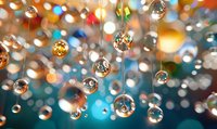 Sparkling water drops suspended on threads against colorful bokeh background create magical atmosphere. Macro photography captures light reflections and rainbow colors.