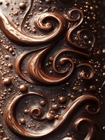 Swirling melted chocolate creates elegant spiral patterns with scattered droplets on dark surface, macro photography showing rich texture and glossy finish.