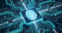 Digital fingerprint security chip with glowing cyan circuit board patterns for cybersecurity and biometric authentication technology applications.