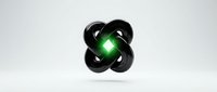 Black abstract geometric shape with glowing green energy core, isolated on white background. Modern design element suitable for technology, innovation, and corporate branding applications.