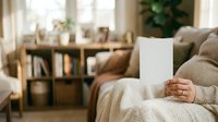 Pregnant woman in beige sweater holding blank white card while resting on couch in bright living room with wooden furniture and plants for maternity announcements and home decor projects.
