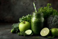 Fresh green smoothie in mason jar with kale, broccoli, apple, cucumber and lime on dark background. Healthy detox drink for wellness and nutrition.