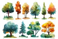 Watercolor trees collection featuring seasonal colors and diverse shapes, painted with soft brushstrokes on white background, showcasing nature through artistic expression.