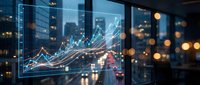 Financial data visualization with glowing charts and graphs displayed on modern office window overlooking illuminated city skyline at night.